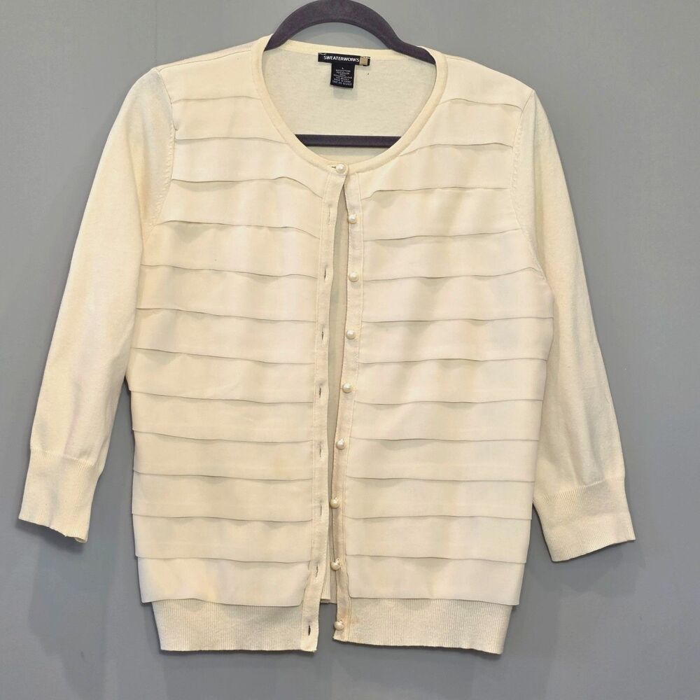 Sweaterworks Ivory Cream Pearl Button Cardigan LG Office Preppy Feminine